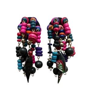 Vintage 80s black multicolor bird wooden dangle earrings